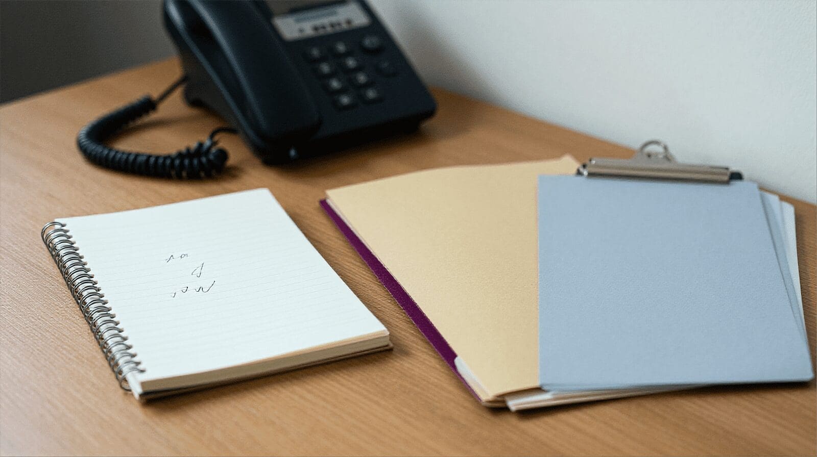 Close-up van een werkhoek met notitieblok, telefoon en paarse bladwijzer; verbeeldt een MKB-werkplek waar verschillende systemen naast elkaar lopen.